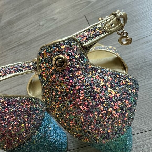 G By Guess Shantel Gold Rainbow Glitter Party Strappy Block Heels Size W7 - Picture 5 of 7